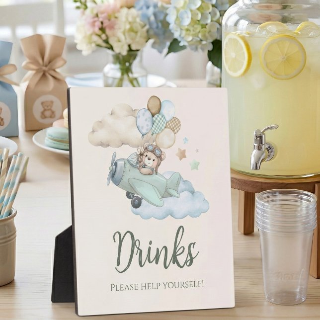 Flieger-Teddybär-Getränkestation-Schild Fotoplatte (Can Bearly Wait Baby Shower Drink Station Sign Plaque)
