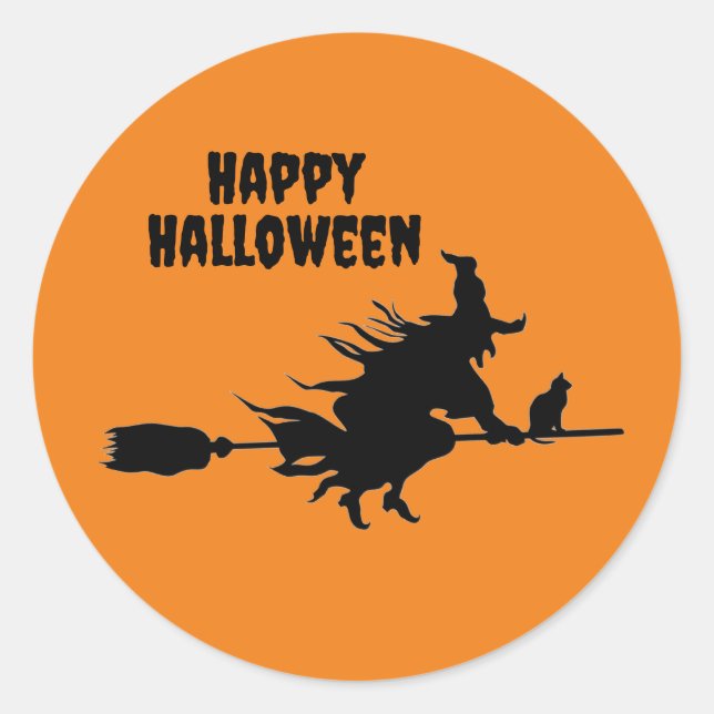 Fliegerhexe auf Broom & Cat Classic Round Stickers (Vorderseite)