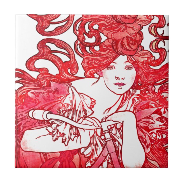 Fliese Kunst Nouveau Damen-Mucha Red Hair Bike (Vorderseite)