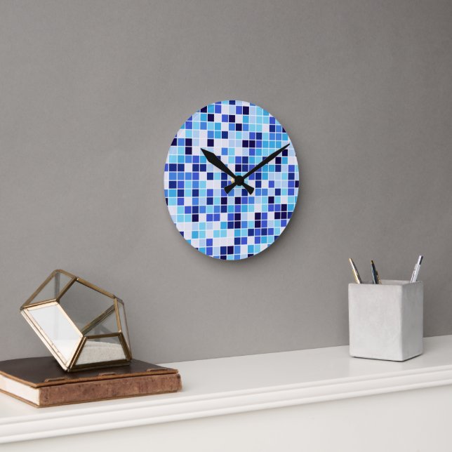 Fliesen, blaue Mosaikfliesen, geometrisches Muster Runde Wanduhr (Büro)