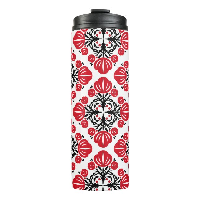 Fliesen-Blumenmuster. Volkskunst blüht.  Thermosbecher (Vorderseite)
