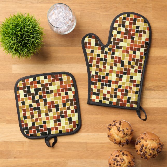 Fliesen, braune Mosaikfliesen, geometrisches Muste Ofenhandschuh & Topflappen-Set (Oben Unten)