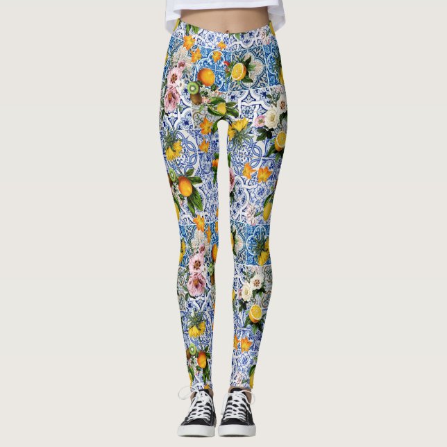Fliesen im sizilianischen Stil mit Blume und Zitro Leggings (Vorderseite)