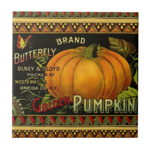 Fliesen-Schmetterling-Kürbis-Vintage-Produktetiket Fliese