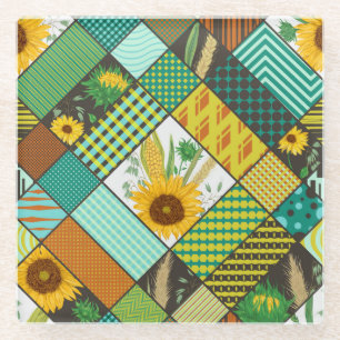 Fliesen, Sonnenblumen, geometrisches Muster. Glasuntersetzer