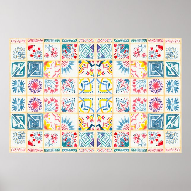 Fliesenboden mit orientalischen Ornamenten. Waterc Poster (Vorne)