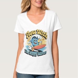 Fließen Sie Mit Den Glücklichen Wellen Retro-Surf- T-Shirt