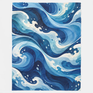 Fließende blaue Ozeanwellen Wasserfarbe Küstenkuns Fleecedecke