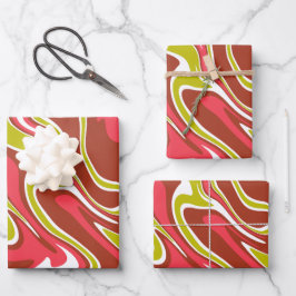 Fließende Farbschichten in Rot, Olivgrün und Weiß Geschenkpapier Set