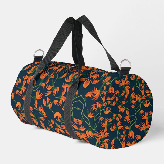 Fließendes orangefarbenes Blumenmuster Duffle Bag (Linke Seite)
