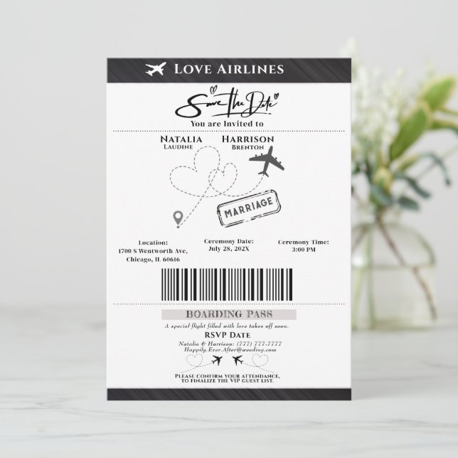 Flight mit Liebe: Boarding Pass Save the Date Einladung (Stehend Vorderseite)