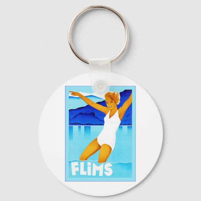 Flims ~ Vintage Schweizer Reise Schlüsselanhänger (Vorderseite)
