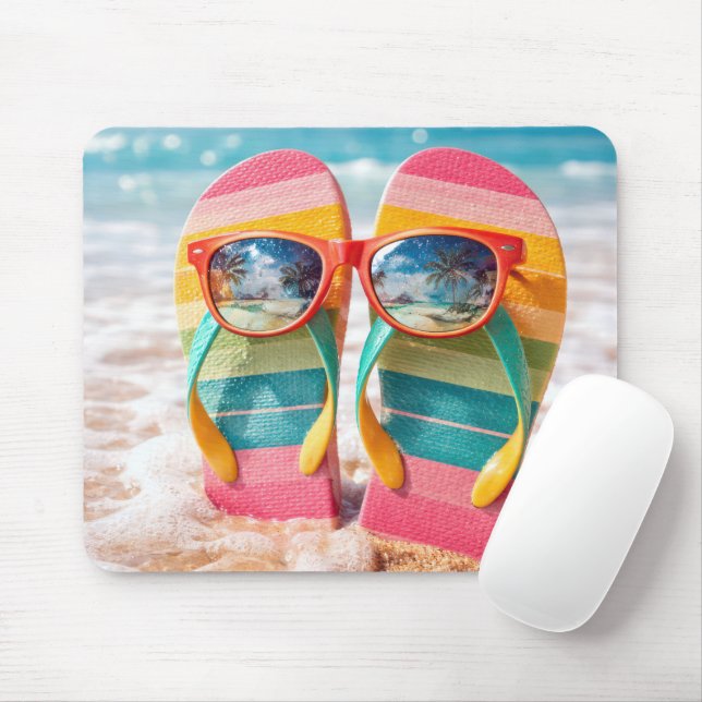 Flip-Flops stecken im Sand am Strand mit Sonnenbri Mousepad (Mit Mouse)