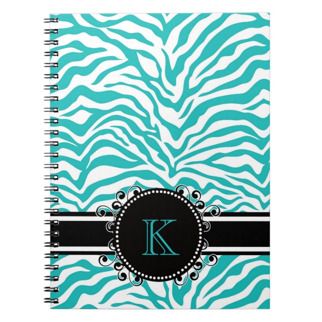 Flippiger blauer Zebra-Druck mit Band-Monogramm Notizblock (Vorderseite)
