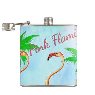 Flippiger rosa Flamingo-Palme-blauer Himmel Flachmann