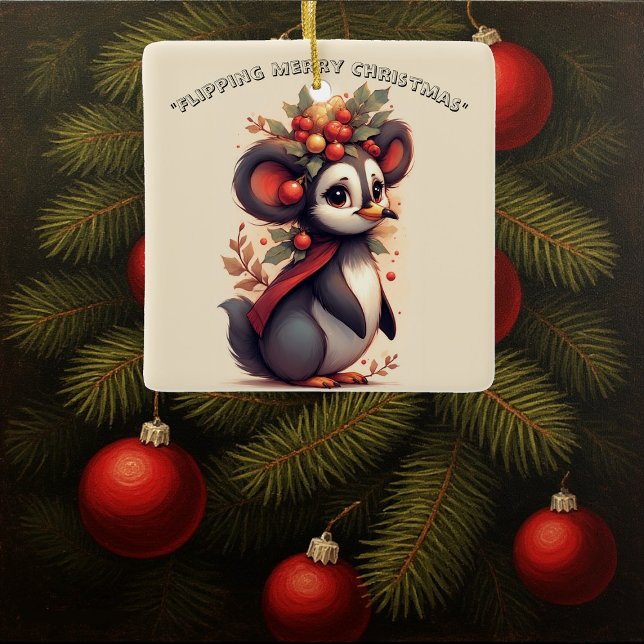 Flipping Flapping Merry Christmas Penguin Quirky  Keramikornament (Flipping Flapping Merry Christmas Penguin Quirky Ceramic Ornament)