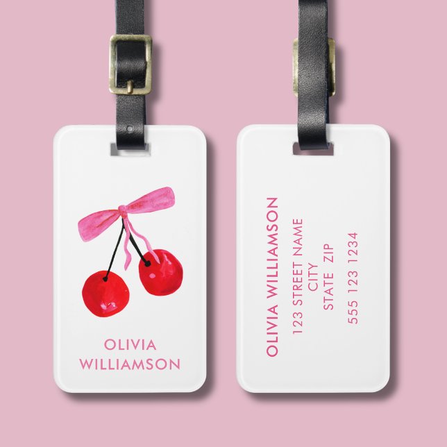 Flirt Cherry & Pink Schleife Gepäckanhänger (Coquette Cherry & pink bow pattern luggage tag)