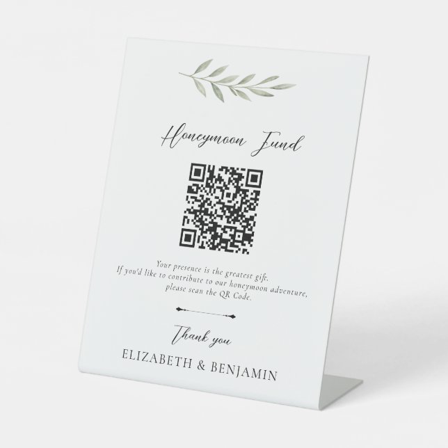 Flitterwochen-Fonds QR-Code Elegante Hochzeitsgrün Sockelschild (Vorderseite)