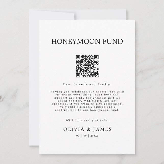 Flitterwochen-Hochzeitsgeschenk QR-Code-Schild,  Einladung (Vorderseite)