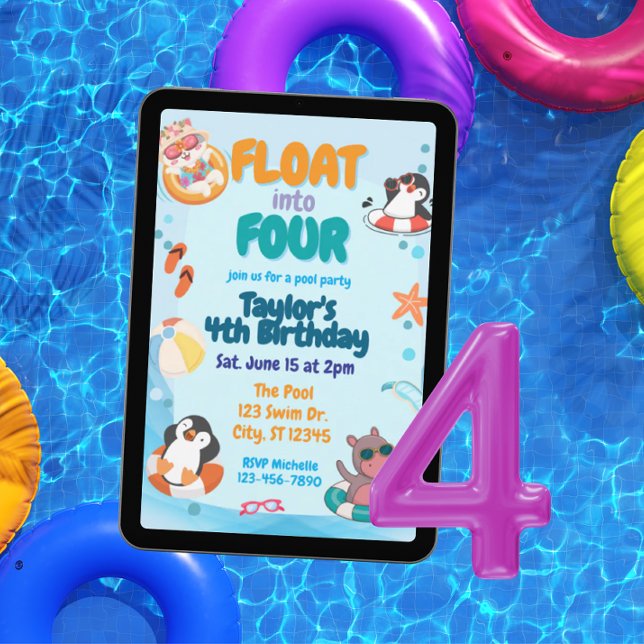 Float into Four, Pool Animals 4th Birthday Einladung (Von Creator hochgeladen)
