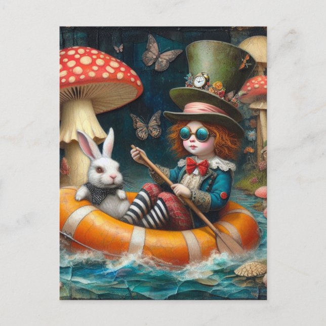 Float Trip Alice White Rabbit enauskausale Collage Postkarte (Vorderseite)