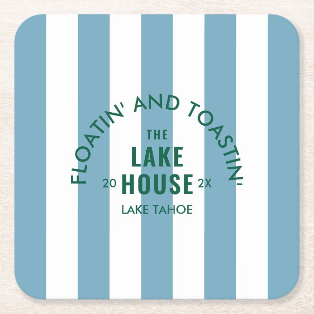 Floatin' and Toastin' The Lake House Blauer Streif Rechteckiger Pappuntersetzer (Vorderseite)