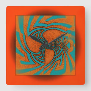 Floating Abstract Design in Orange with Aqua Quadratische Wanduhr