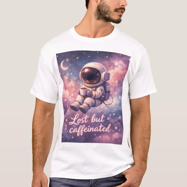 Floating Astronaut Coffee Lover Funny Space T-Shirt (Vorderseite)