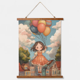 Floating Dreams: Ein Girl's Balloon Adventure Wandteppich Mit Holzrahmen