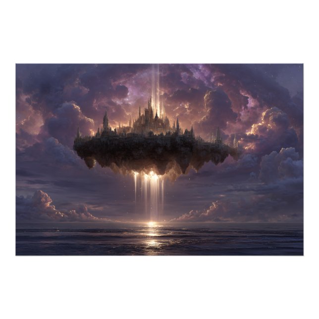 Floating Fantasy Castle Cloud Beams Glow Fotodruck (Vorne)