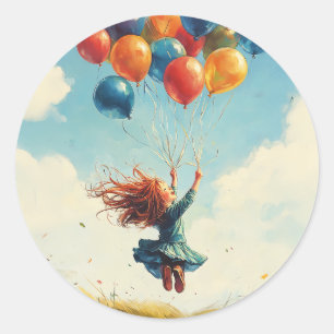 Floating Girl mit Balloons Runder Aufkleber