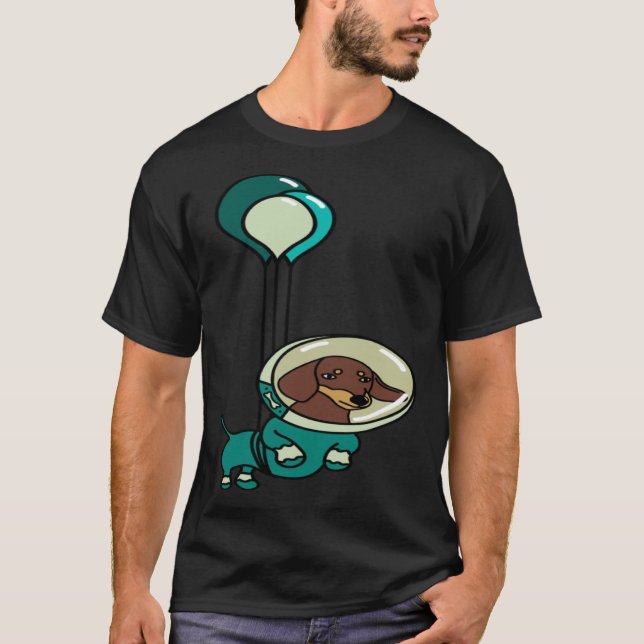 Floating Green Astronaut Dachshund with Balloons T-Shirt (Vorderseite)