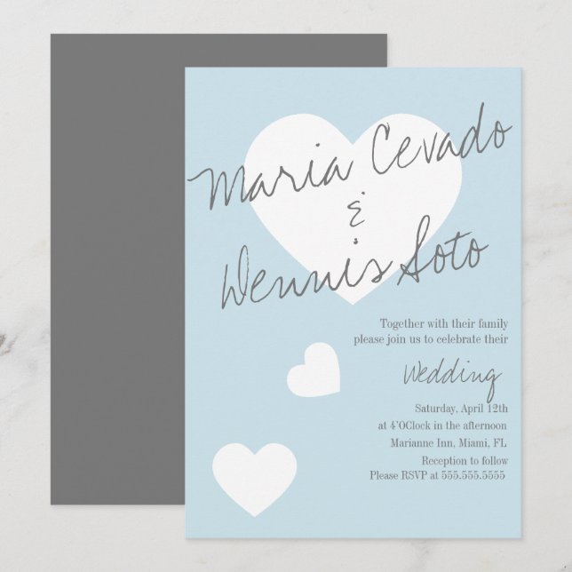 Floating Heart Lettering Script Wedding Blue Gray Einladung (Vorne/Hinten)