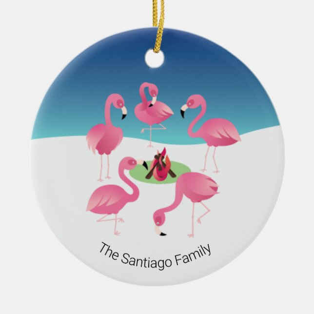 Flock um das Campfire Rosa Flamingos Urlaub Keramik Ornament (Vorne)
