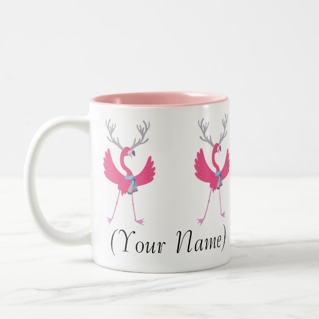 Flock von Pink Weihnachten Flamingo Santa Individu Zweifarbige Tasse (Links)