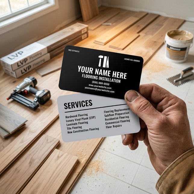 Flooring Installation Modern Black and Silver Visitenkarte (Von Creator hochgeladen)