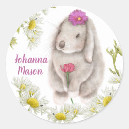 Floppy Eared Bunny and Daisies Round Stickers