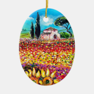 FLORA AUF TOSKANAgebieten, -mohnblumen und Keramikornament