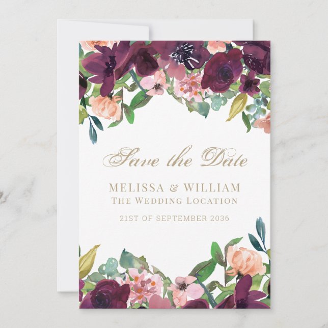 Flora-Burgunder Korallenblüte Weiße Hochzeit Save The Date (Vorderseite)