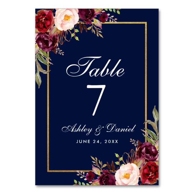 Flora-Burgundy Blue Gold Wedding Tischnummer (Vorderseite)