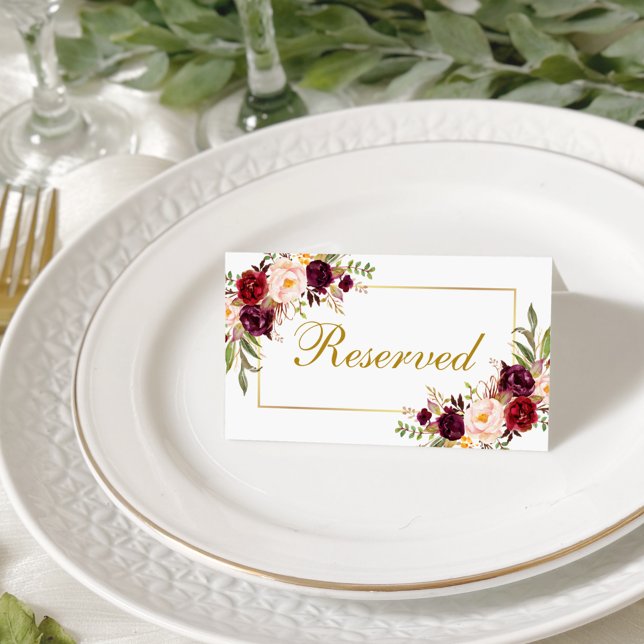 Flora-Burgundy-Gold-Hochzeit reserviert Platzkarte (Customize to change text color, style or to add more text to front, back or inside of card.)
