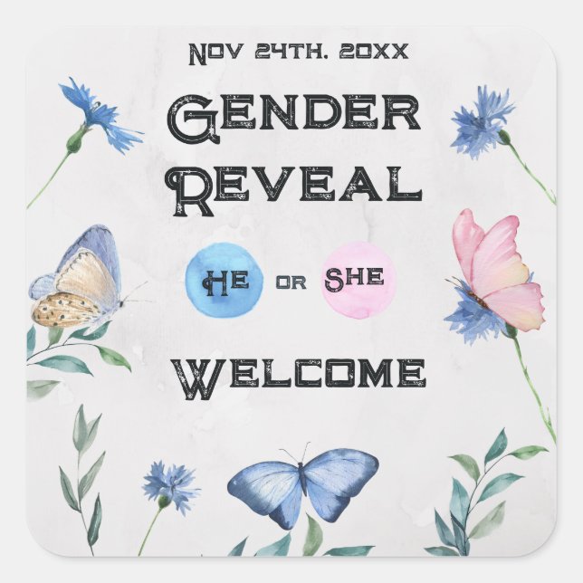 Flora-Butterfly-Verschlusskarte für Wasserfarben Quadratischer Aufkleber (Vorderseite)