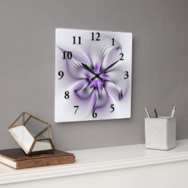 Flora Elegante Modernes Abstraktes Violett Fraktal Quadratische Wanduhr