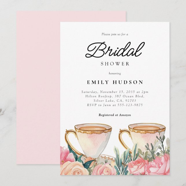 Flora Elegantes Tee Party Bridal Dusche Einladung (Vorne/Hinten)