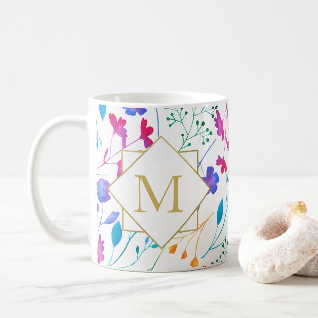 Flora floral monogram, farbig Weiß Tasse (Mit Donut)