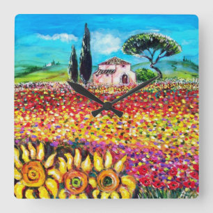 FLORA IN TUSCANY/ Fields ,Poppies and Sunflowers Quadratische Wanduhr