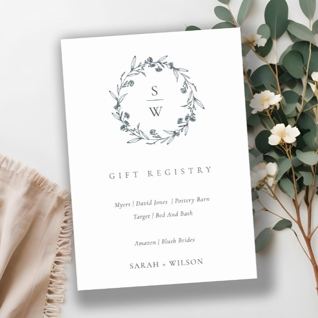 Flora Laurel Wreath Monogram Wedding Gift Registry Begleitkarte (Von Creator hochgeladen)