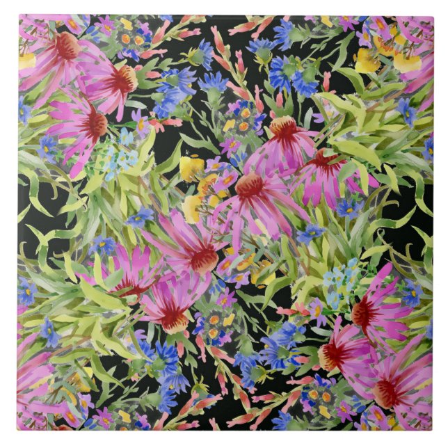 Flora-Muster Gelb-Grün-Rosa Fliese (Vorderseite)