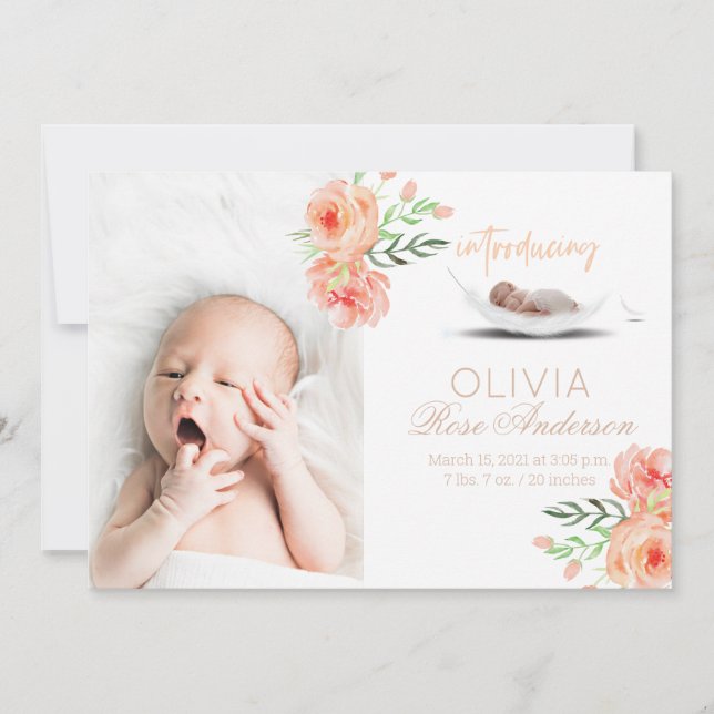 Flora-Pink-Girl-Geburt-Ankündigung Einladung (Vorderseite)