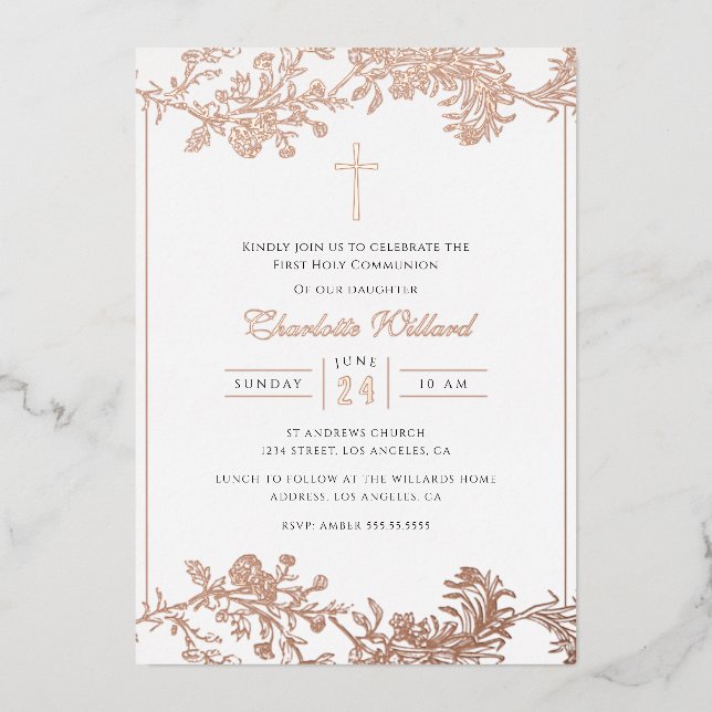 Flora Rose Gold Cross Girls erste Kommune Foil Folieneinladung (Vorderseite)
